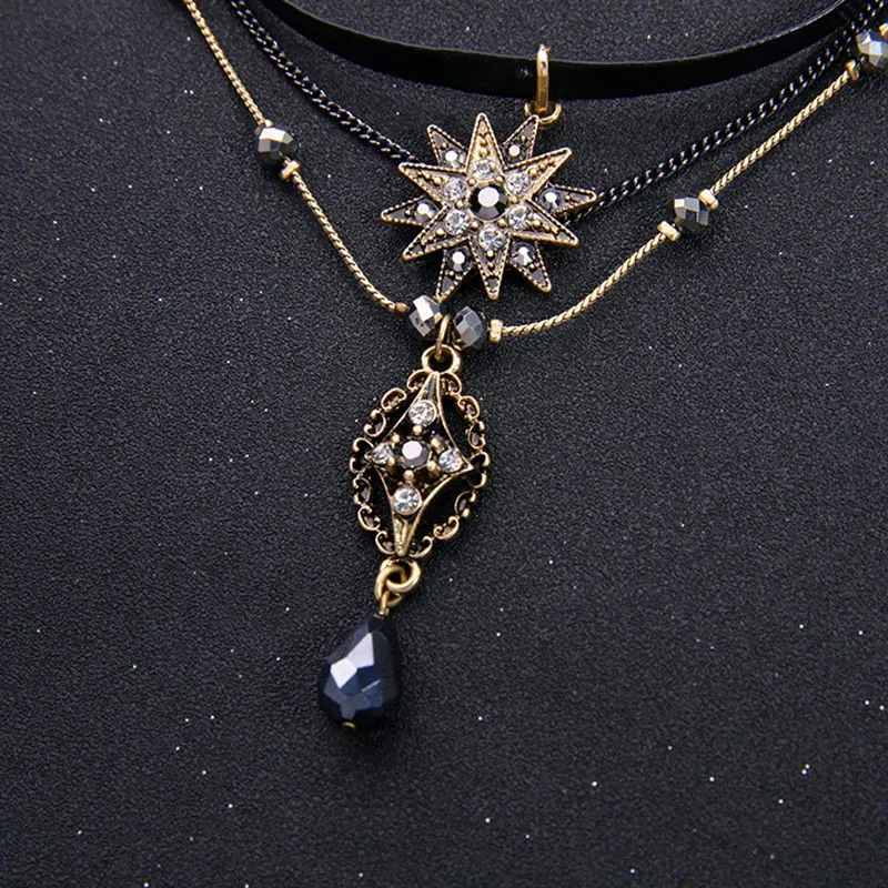 Retro Multilayer  Stars Water Drops Pendant Necklace