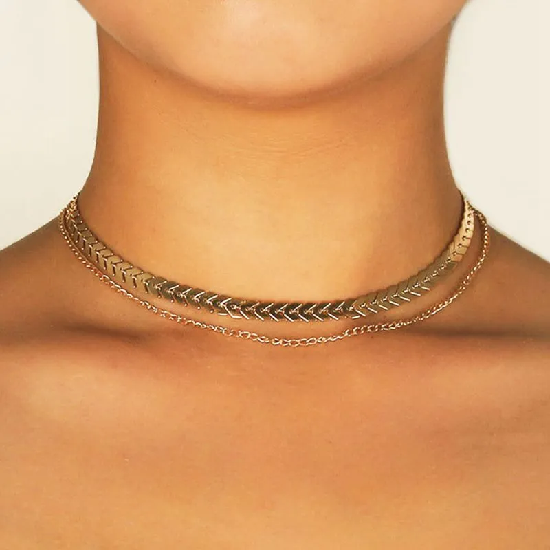 Women Creative Design Fishbone Pattern Chain Double Layer Plated Color Alloy Choker Necklace