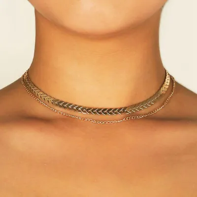 Women Creative Design Fishbone Pattern Chain Double Layer Plated Color Alloy Choker Necklace