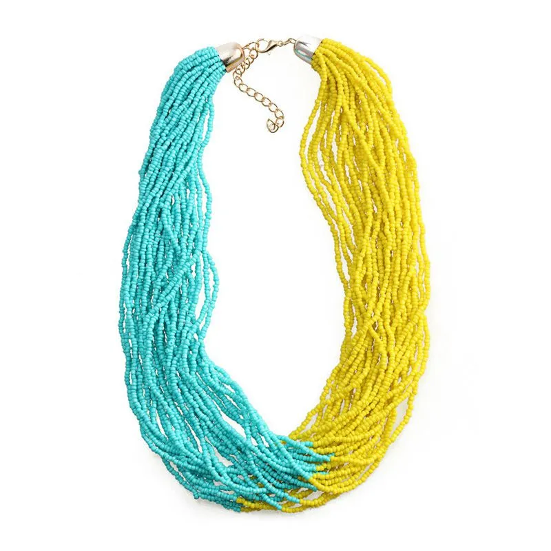 Women Hot Sale New Bohemian Style Blocking Color Handmade Beaded Multilayer Statement Necklace