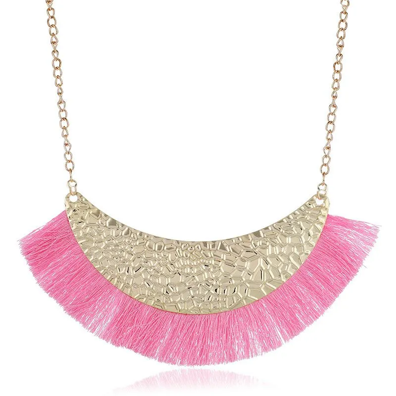 Fashion Women Retro Ethnic Style Half Moon Shape Colored Tassel Pendant Necklace