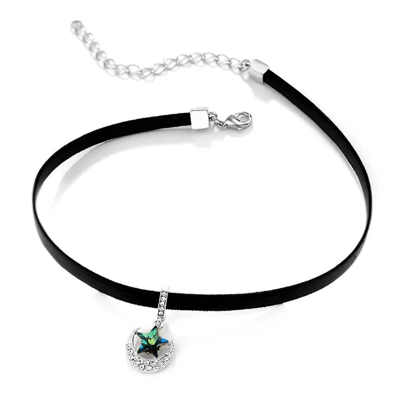 Fashion Women Punk Style Slim PU Cord Star Shape Pendant Acrylic Gemstone Choker Necklace
