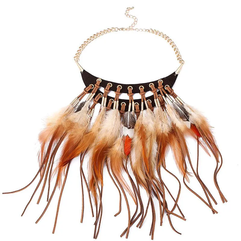 Vintage Bohemian Style Women Exaggerated Feather Pendant Necklace