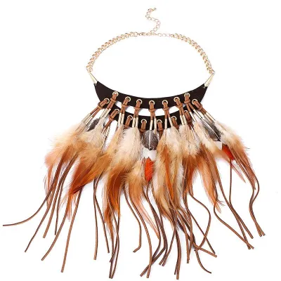 Vintage Bohemian Style Women Exaggerated Feather Pendant Necklace