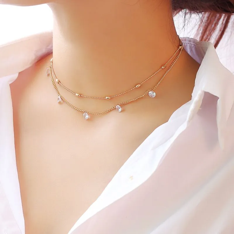 Fashion Simple Design Women Plated Double Layer Chain Choker Necklace