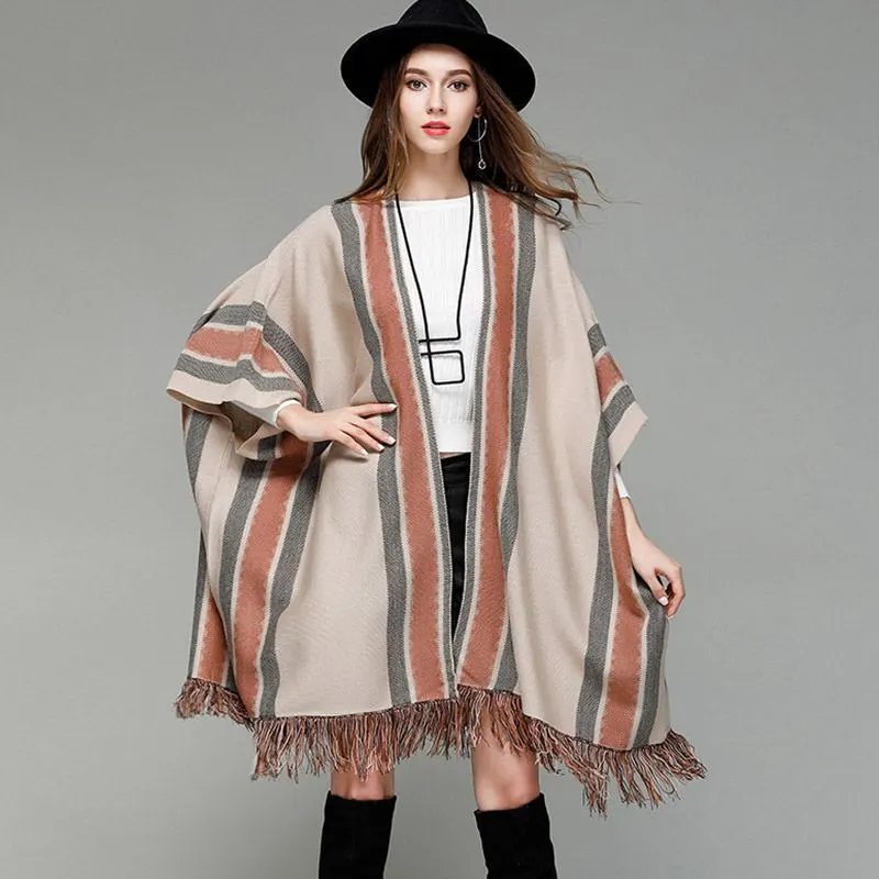 Bohemian Style Loose Pattern Vintage Stripes Print Cardigan With Tassel