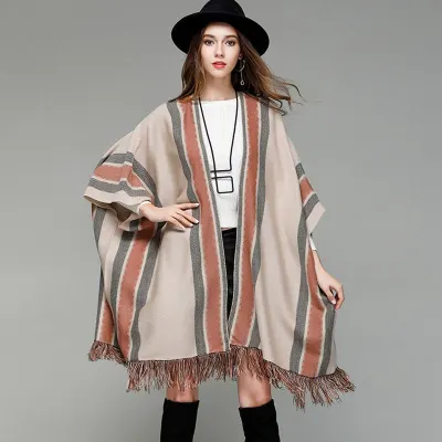 Bohemian Style Loose Pattern Vintage Stripes Print Cardigan With Tassel