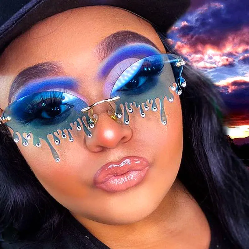 Women Unique Tears Shape Rhinestone Decor Sunglasses