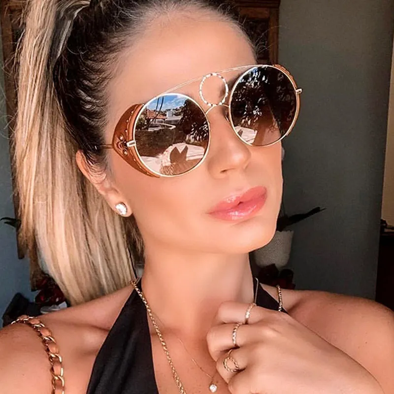 Women Unique Round Metal Frame PU Decor Sunglasses