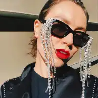 Fashion Square Small Frame Rhinestone Tassel Decoration Sunglasses