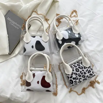 Women Fashion Cow Printed Metal Chain Crossbody Bag