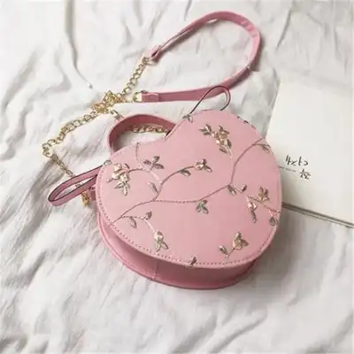 Women Fashion Lace Embroidery Heart Shape PU Crossbody Bag