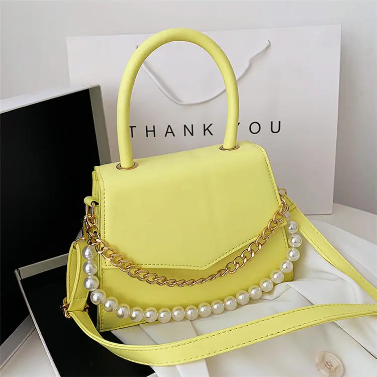 Women Fashion Solid Color Imitation Pearl Decorative Chain Crossbody Bag