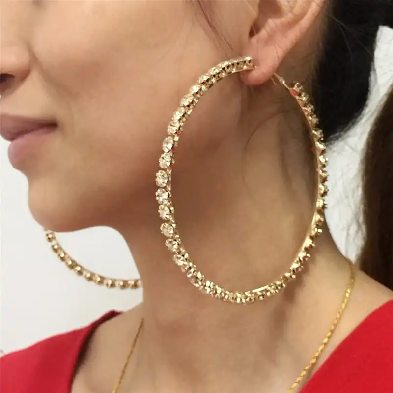 Women Exaggerated Rhinestone Decorative Circle Earrings
