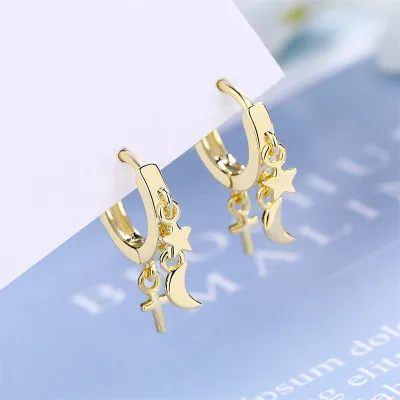 Women Minimalist Star Moon And Cross Shape Pendant Ear Hoop