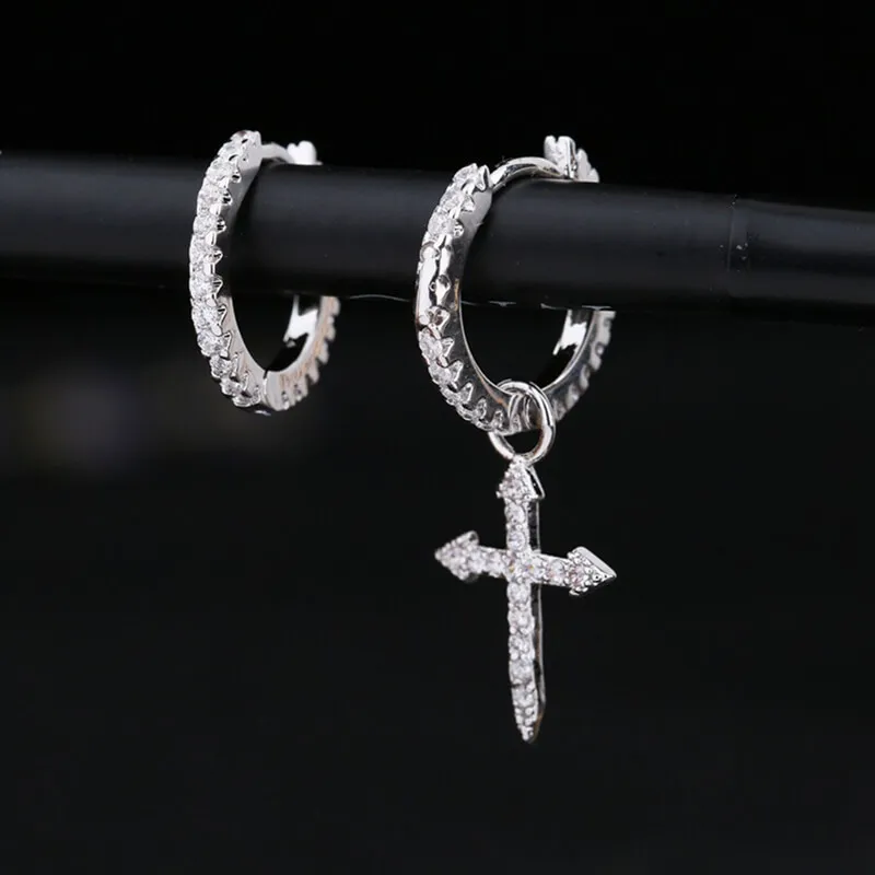 Women Asymmetry Cross Pendant Rhinestone Decorate Earrings