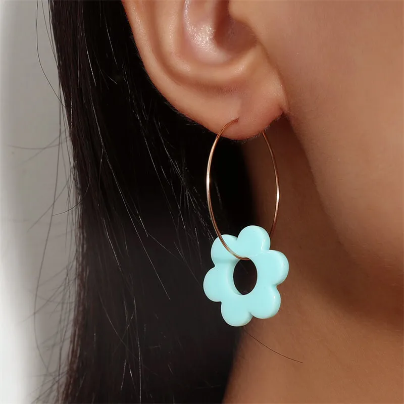 Women Fashion Round Shape Flower Decorate Earrings
