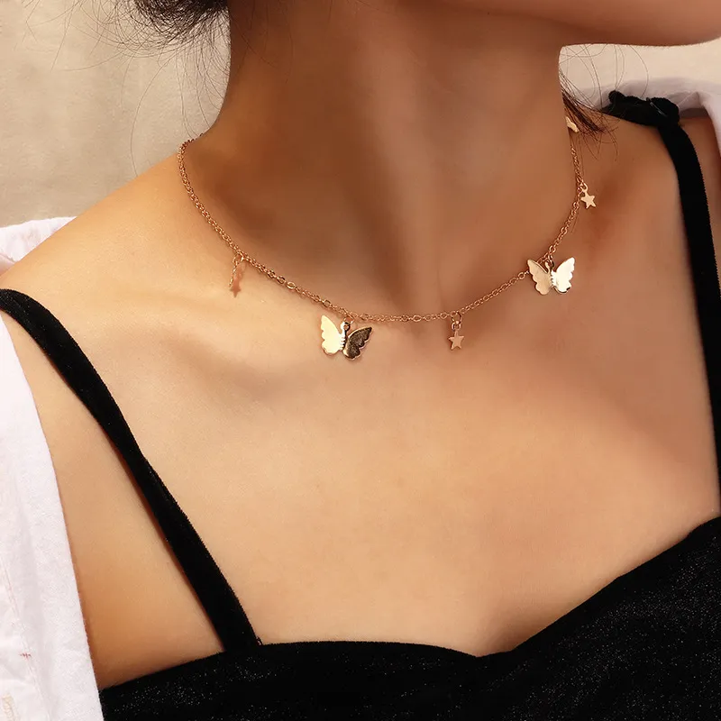 Butterfly Pentagram Decor Metal Choker Necklace