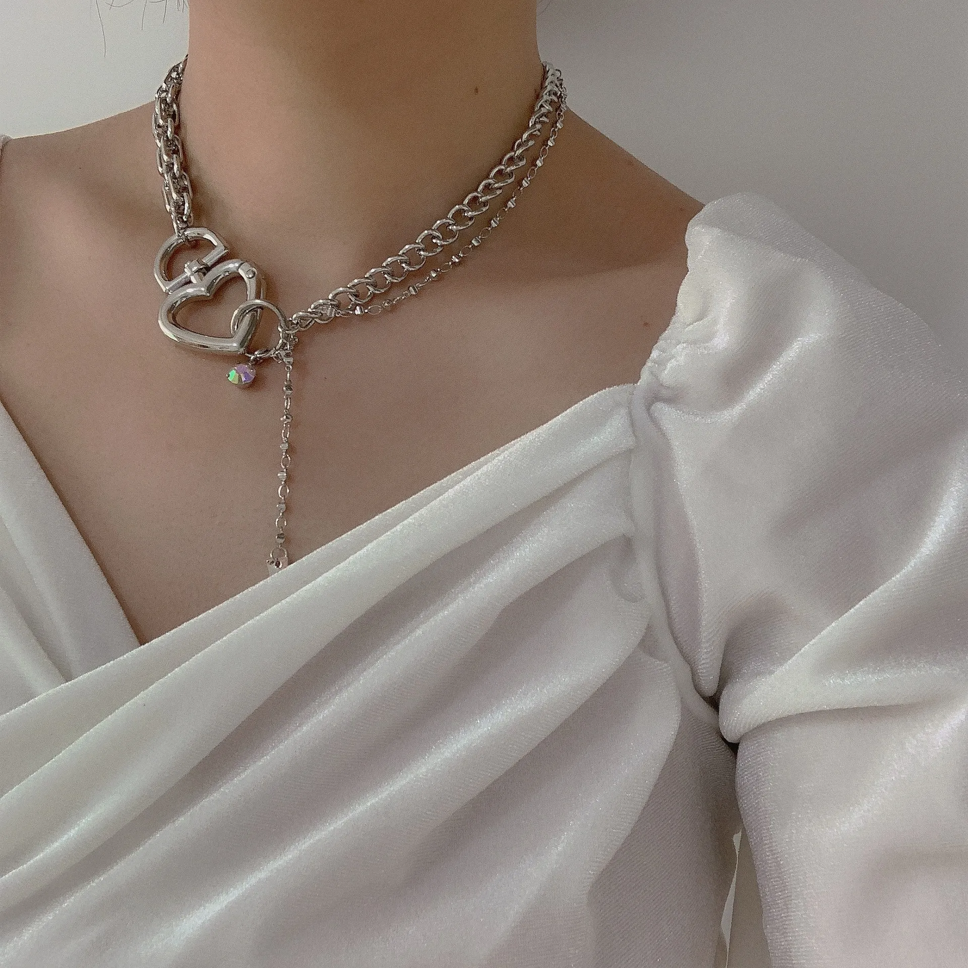 Metal Crude Chain Article Love Heart Buckle Lock Necklace