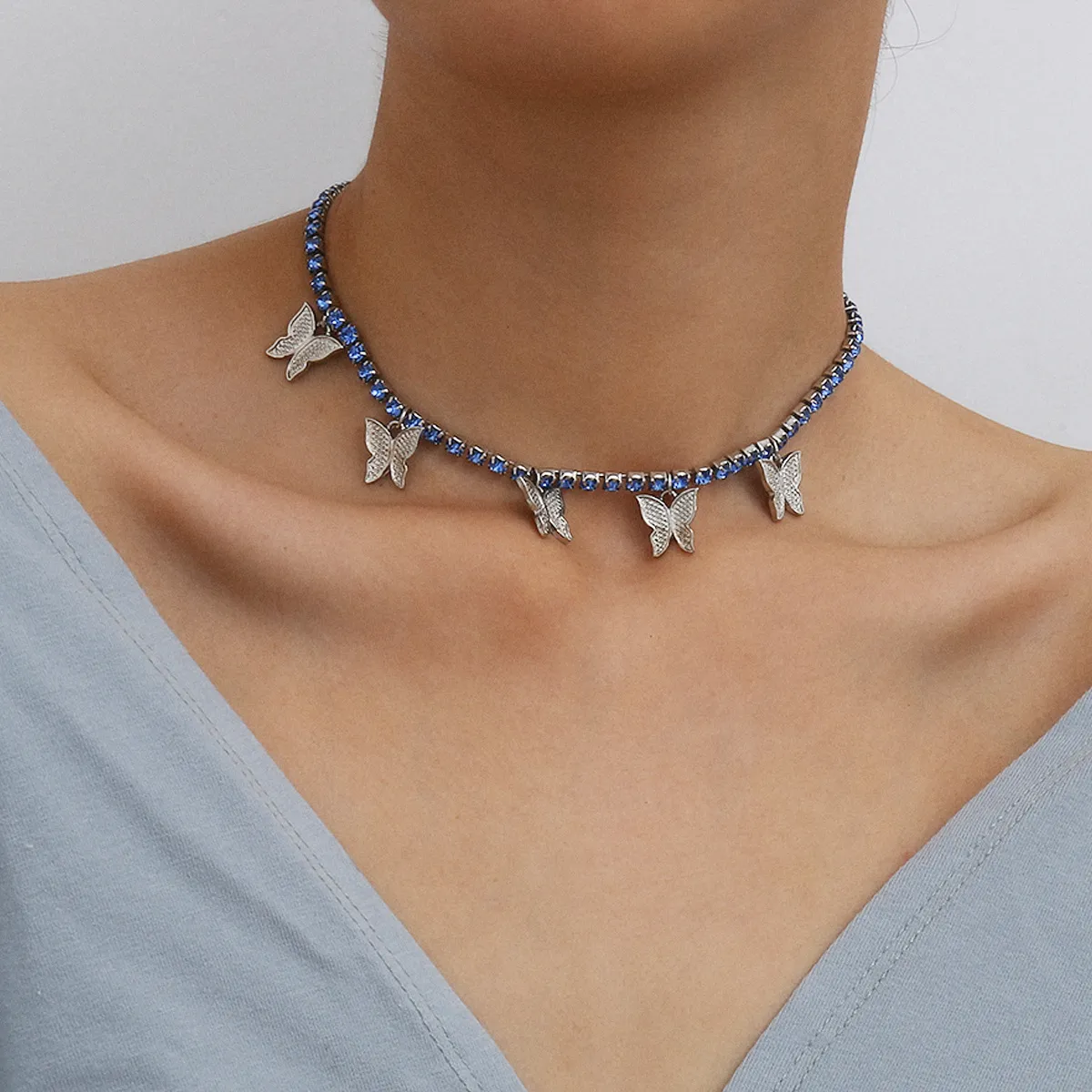 Single Layer Diamond Butterfly Choker Necklace