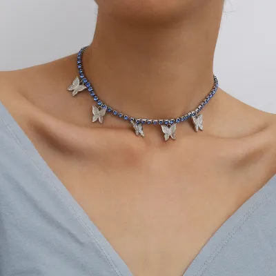 Single Layer Diamond Butterfly Choker Necklace