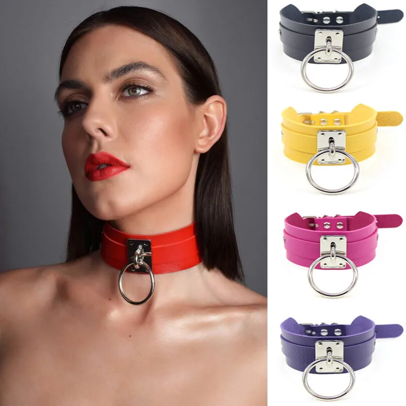 Women Metal Ring Decor PU Choker Necklace