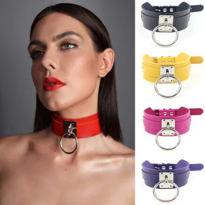 Women Metal Ring Decor PU Choker Necklace