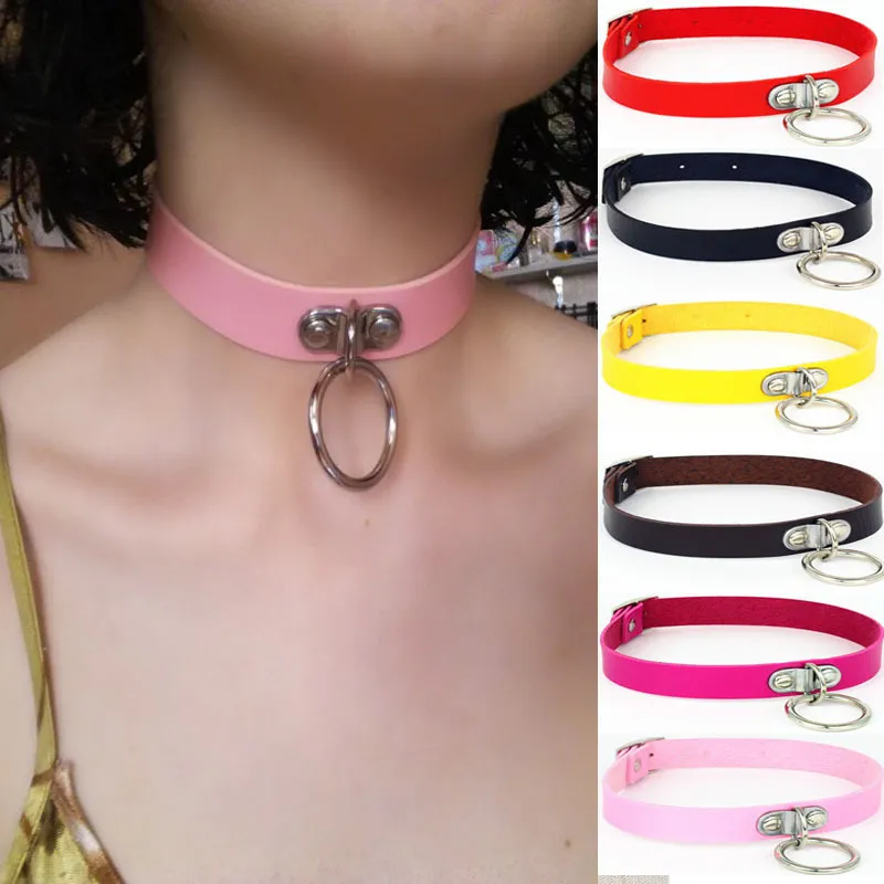 Fashion Harajuku Punk Metal Ring Decor PU Choker Necklace