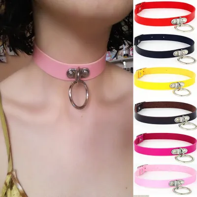 Fashion Harajuku Punk Metal Ring Decor PU Choker Necklace
