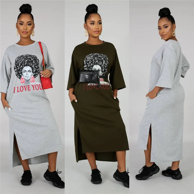 S-XXL Women Portrait Printing Side Slit Casual Dress