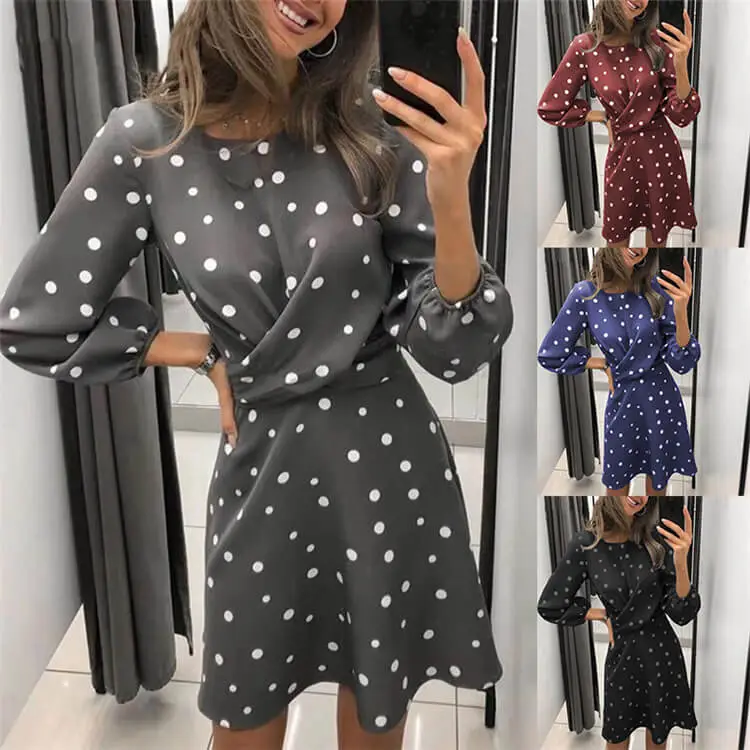 S-3XL Women Casual Polka Dot Printed Round Neck Dress