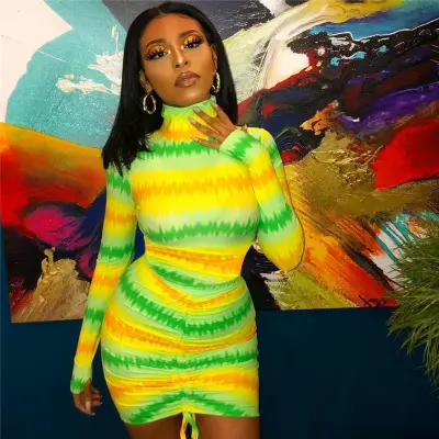 S-2XL Women Sexy Turtle Neck Graphic Printing Drawstring Dress