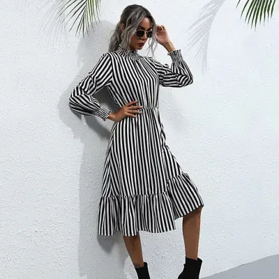 S-XL Women Fashion Mock Neck Stripe Printing Long Sleeve Dress