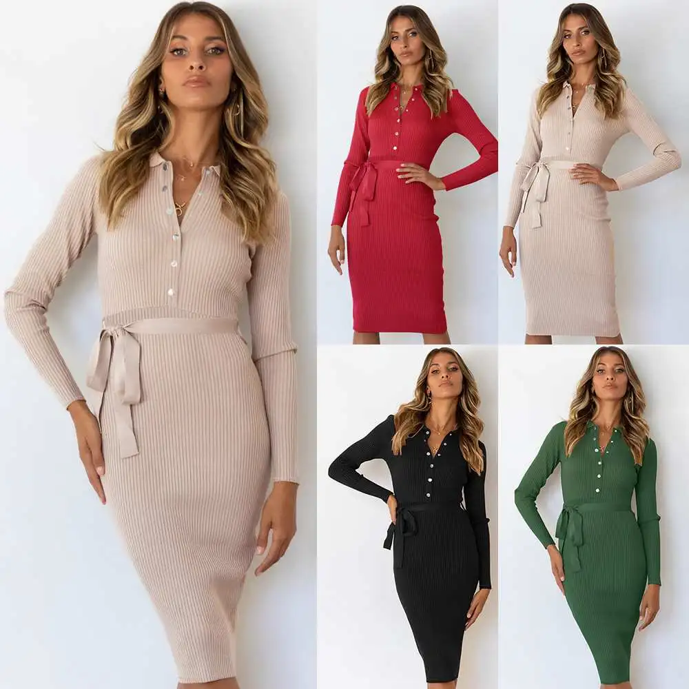 S-2XL Women Fashion Solid Color Lapel Long Sleeve Knitted Dress