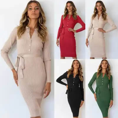 S-2XL Women Fashion Solid Color Lapel Long Sleeve Knitted Dress