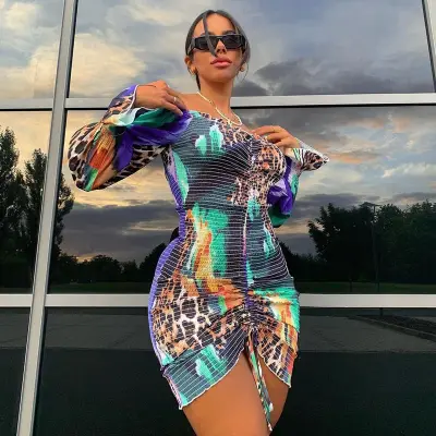 S-L Women Sexy Leopard Printing Drawstring Dress