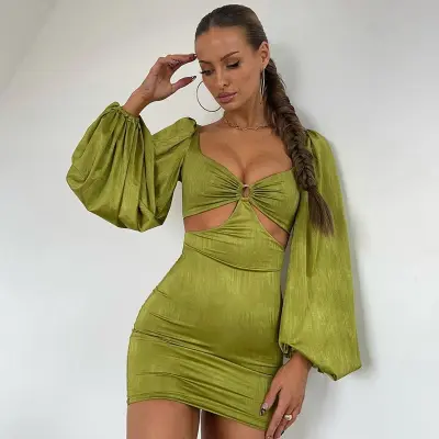 S-L Women Sexy Cut Out Lantern Sleeve Mini Dresses
