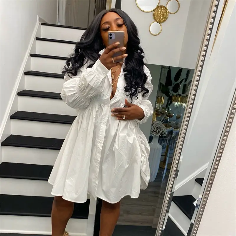 S-2XL Women Solid Color Single-breasted Dress