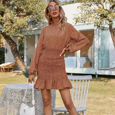 S-XL Women Graphic Printed Long Sleeve Ruffled Dress