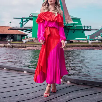 S-2XL Women Off The Shoulder Pleated Long Sleeve Dresses