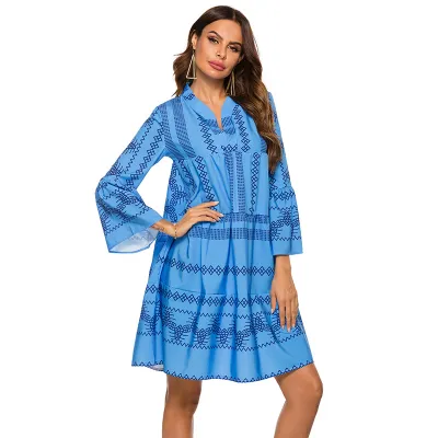 S-2XL Women Bohemia Flare Sleeve Knee Length Dresses