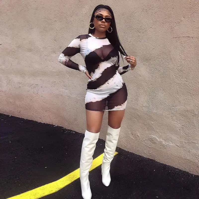 S-XXL Women Sexy Stripe Printing See-through Long Sleeve Mini Dress