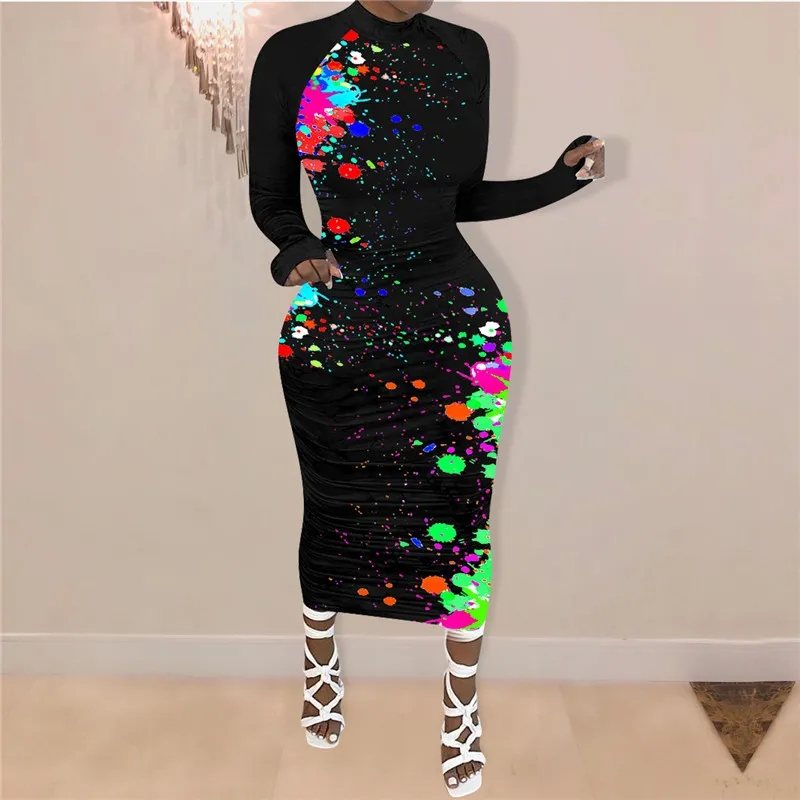 S-4XL Women Fashion Graffiti Print Long Sleeve Midi Dress