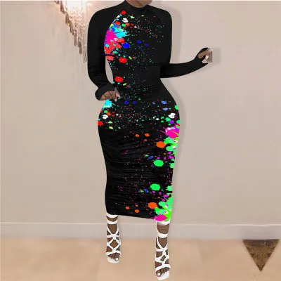 S-4XL Women Fashion Graffiti Print Long Sleeve Midi Dress