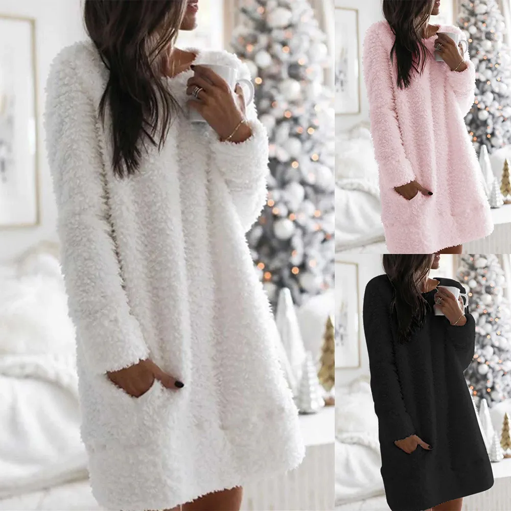 S-XL Women Casual Plush Solid Color Long Sleeve Fluffy Dress