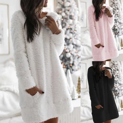 S-XL Women Casual Plush Solid Color Long Sleeve Fluffy Dress