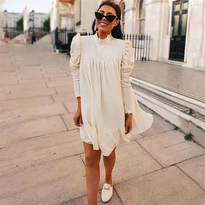S-XL Women Fashion Stand Collar Puff Sleeve Dresses