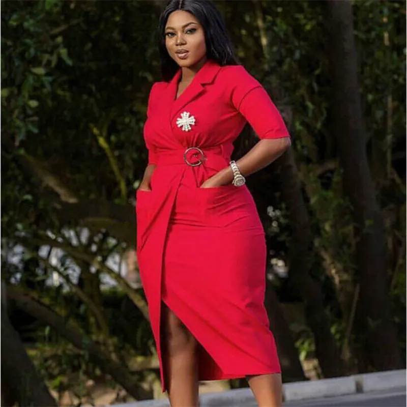 M-XXL Women Solid Color Lapel Long Sleeve Dress
