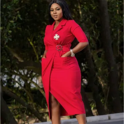 M-XXL Women Solid Color Lapel Long Sleeve Dress