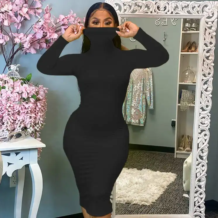 S-4XL Women Fashion Solid Color Turtle Neck Bodycon Dress